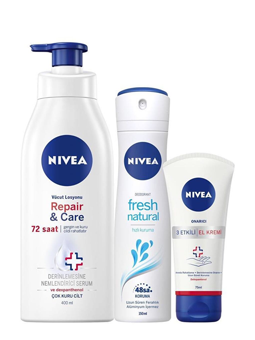 NIVEA Repair&Care Vücut Losyonu 400 ml + R&C El Kremi 75 ml + Fresh Kadın Deodorant Sprey 150 ml