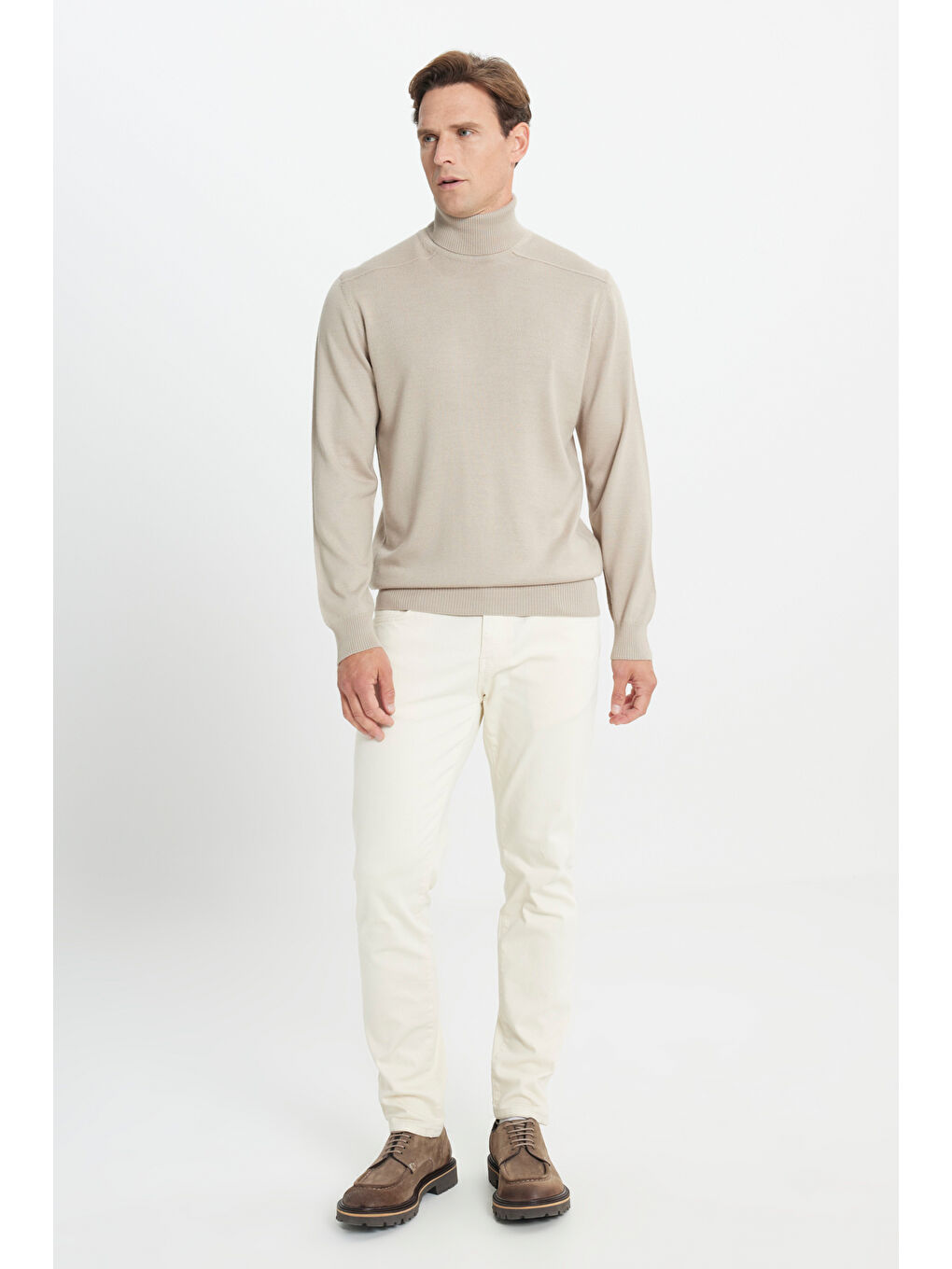 Erkek Bej Yünlü Sıcak Tutan Standart Fit Normal Kesim Tam Balıkçı Yaka Triko Kazak-1