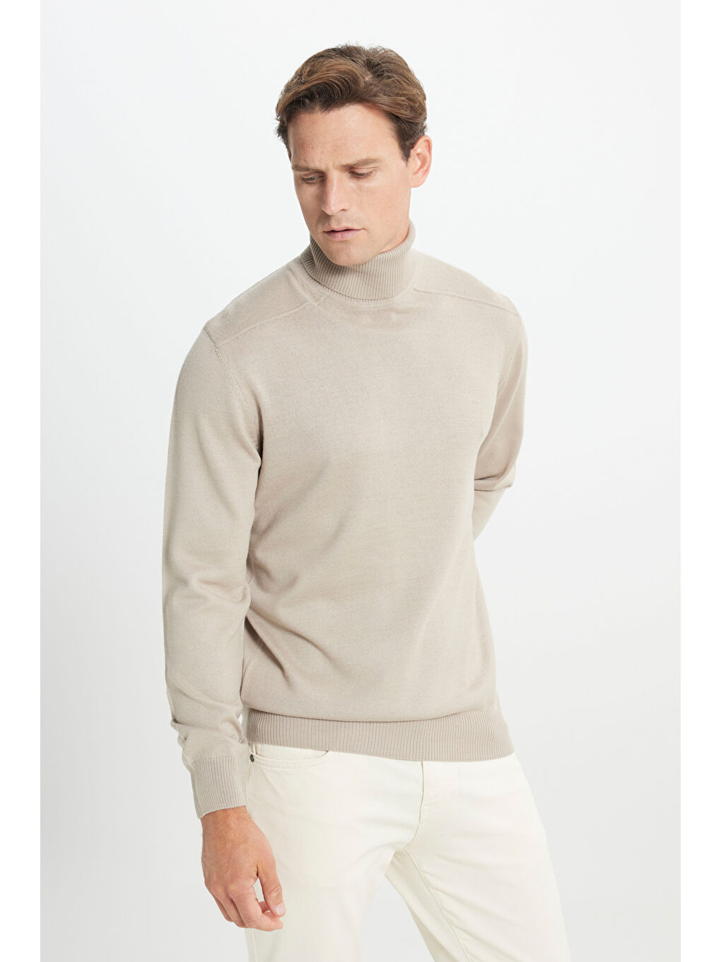 Erkek Bej Yünlü Sıcak Tutan Standart Fit Normal Kesim Tam Balıkçı Yaka Triko Kazak-2