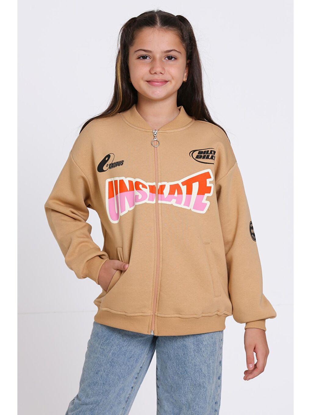 Kahverengi Kız Çocuk Kahve Unserate Baskı Fermuarlı Sweatshırt