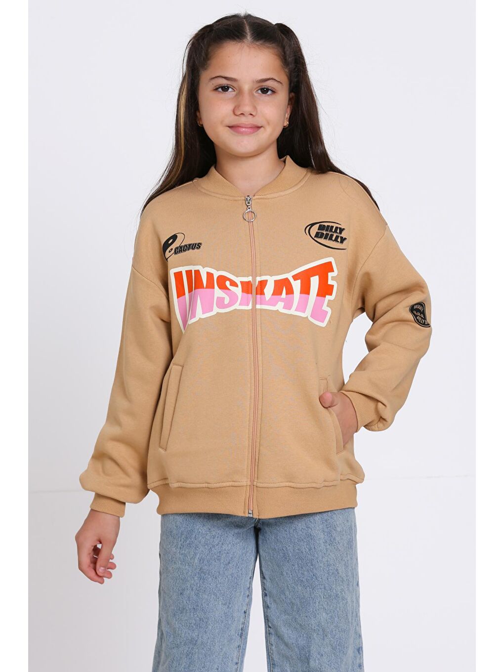 Kahverengi Kız Çocuk Kahve Unserate Baskı Fermuarlı Sweatshırt-1
