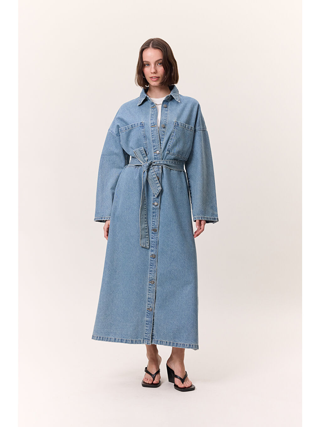 Düğmeli Denim Gömlek Elbise Açık Mavi