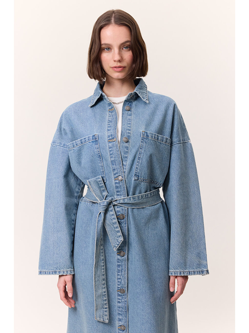 Düğmeli Denim Gömlek Elbise Açık Mavi-1