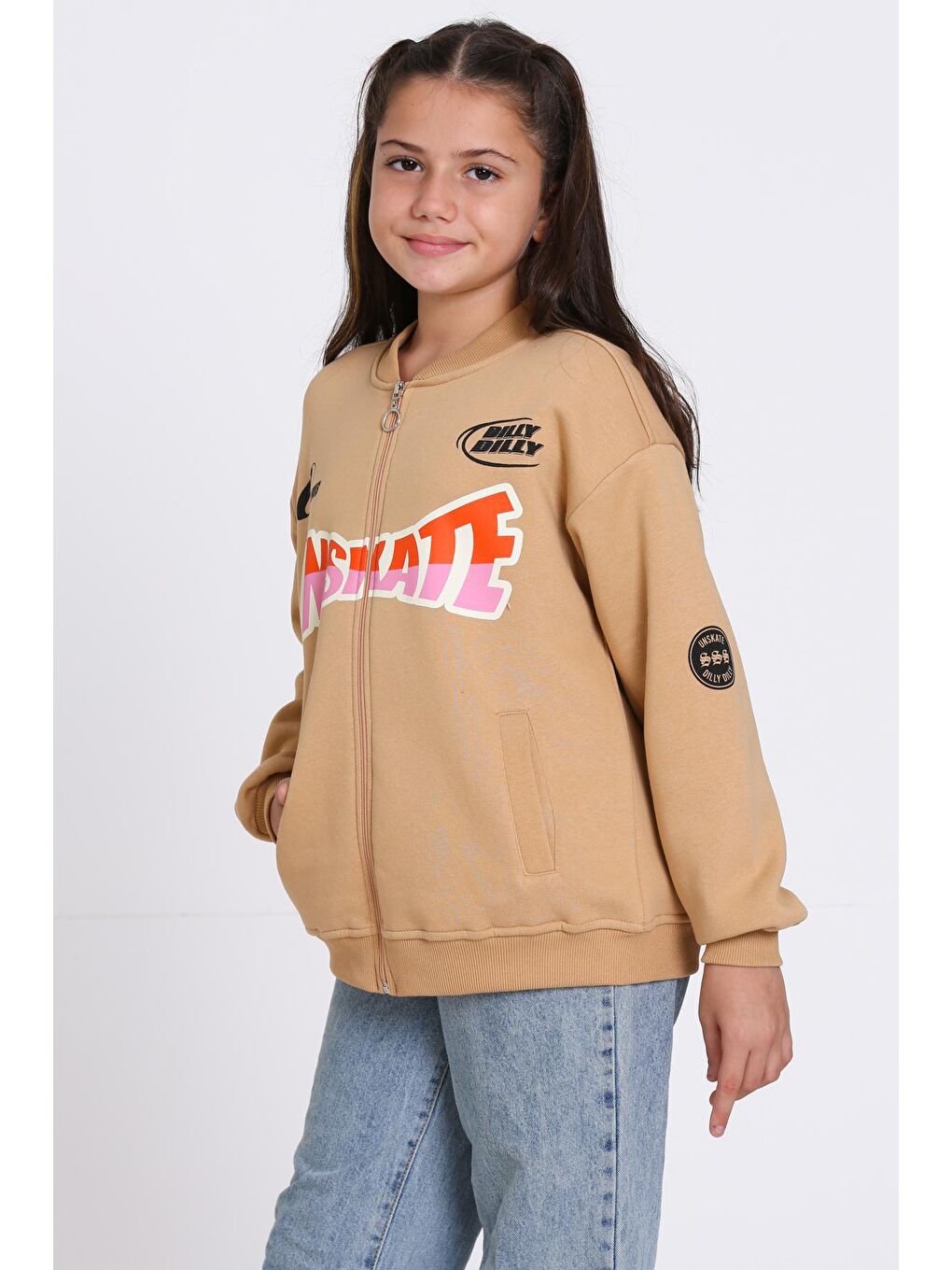 Kahverengi Kız Çocuk Kahve Unserate Baskı Fermuarlı Sweatshırt-2