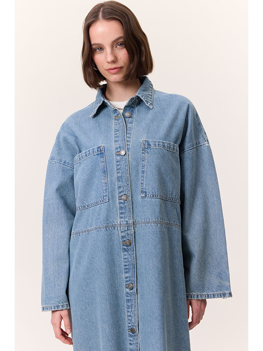 Düğmeli Denim Gömlek Elbise Açık Mavi-3