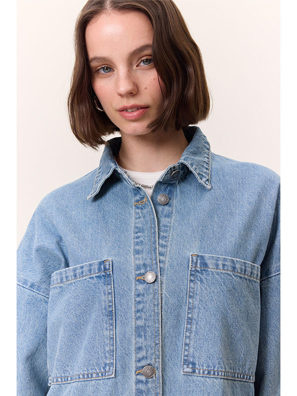 Düğmeli Denim Gömlek Elbise Açık Mavi-4