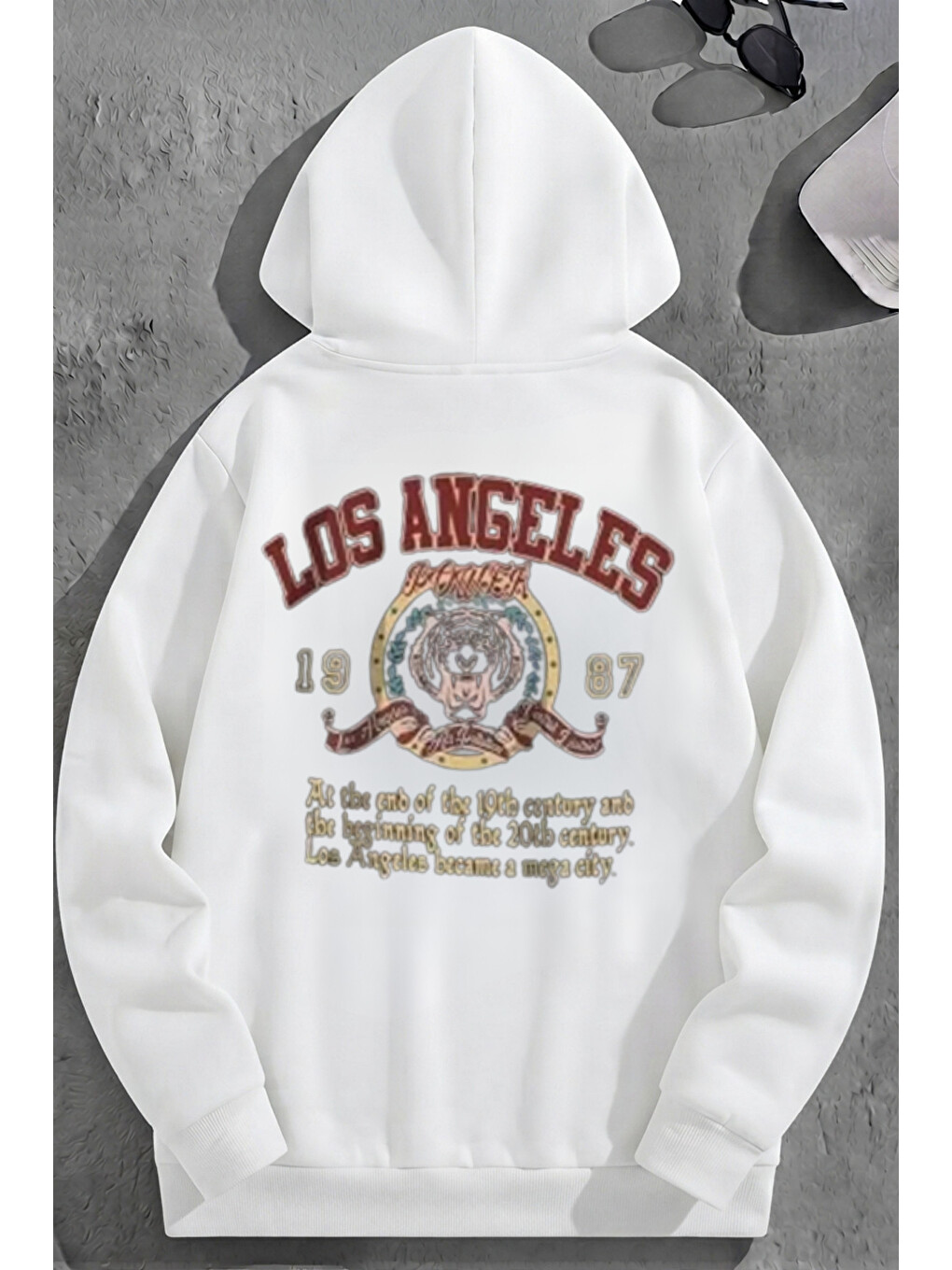 Unisex 3 İplik Pamuklu Beyaz Losangeles1987 Baskı Bol Kalıp Sweatshirt Hoodie
