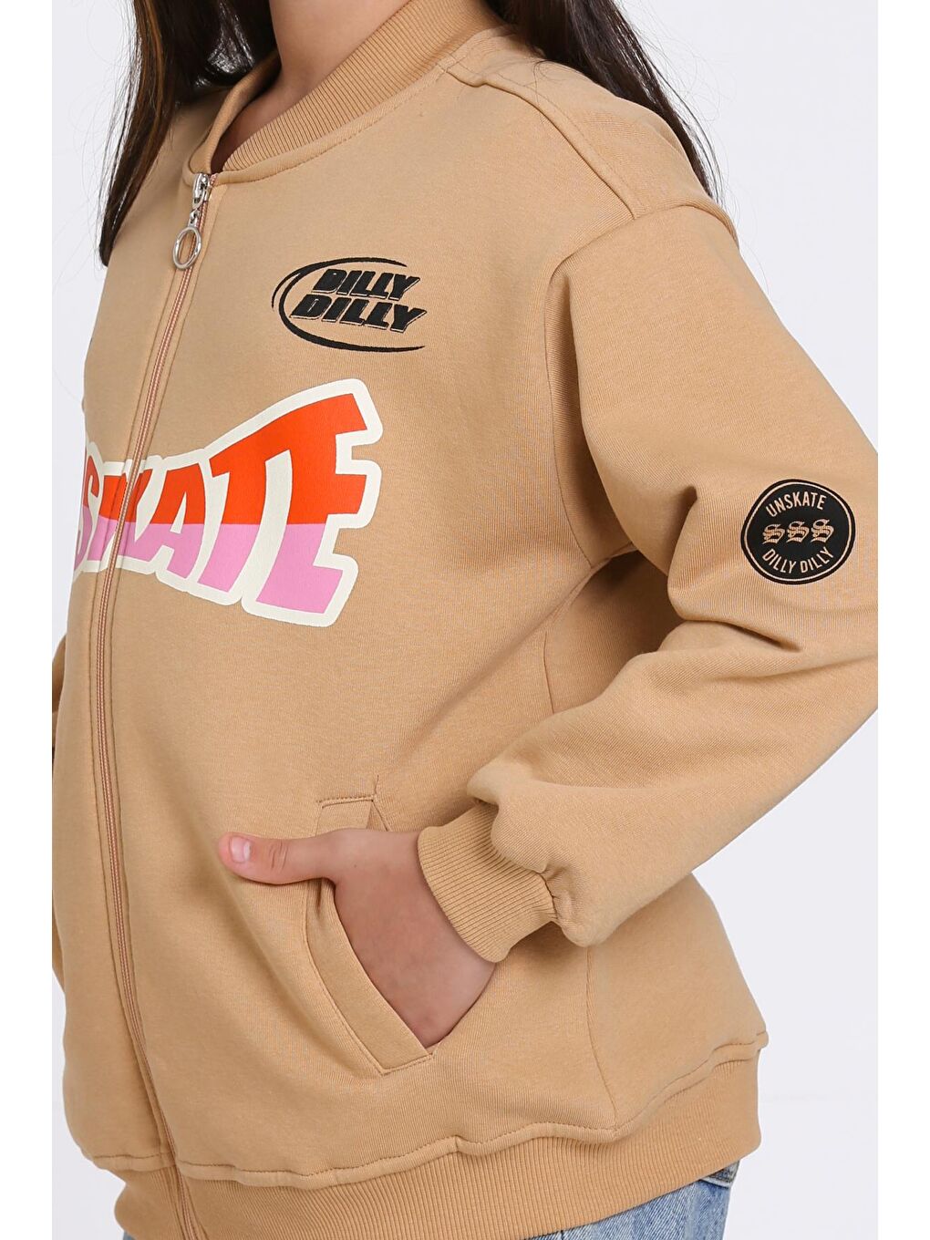 Kahverengi Kız Çocuk Kahve Unserate Baskı Fermuarlı Sweatshırt-3