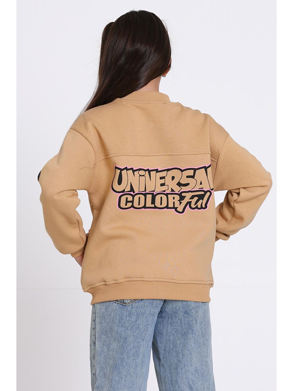 Kahverengi Kız Çocuk Kahve Unserate Baskı Fermuarlı Sweatshırt-4