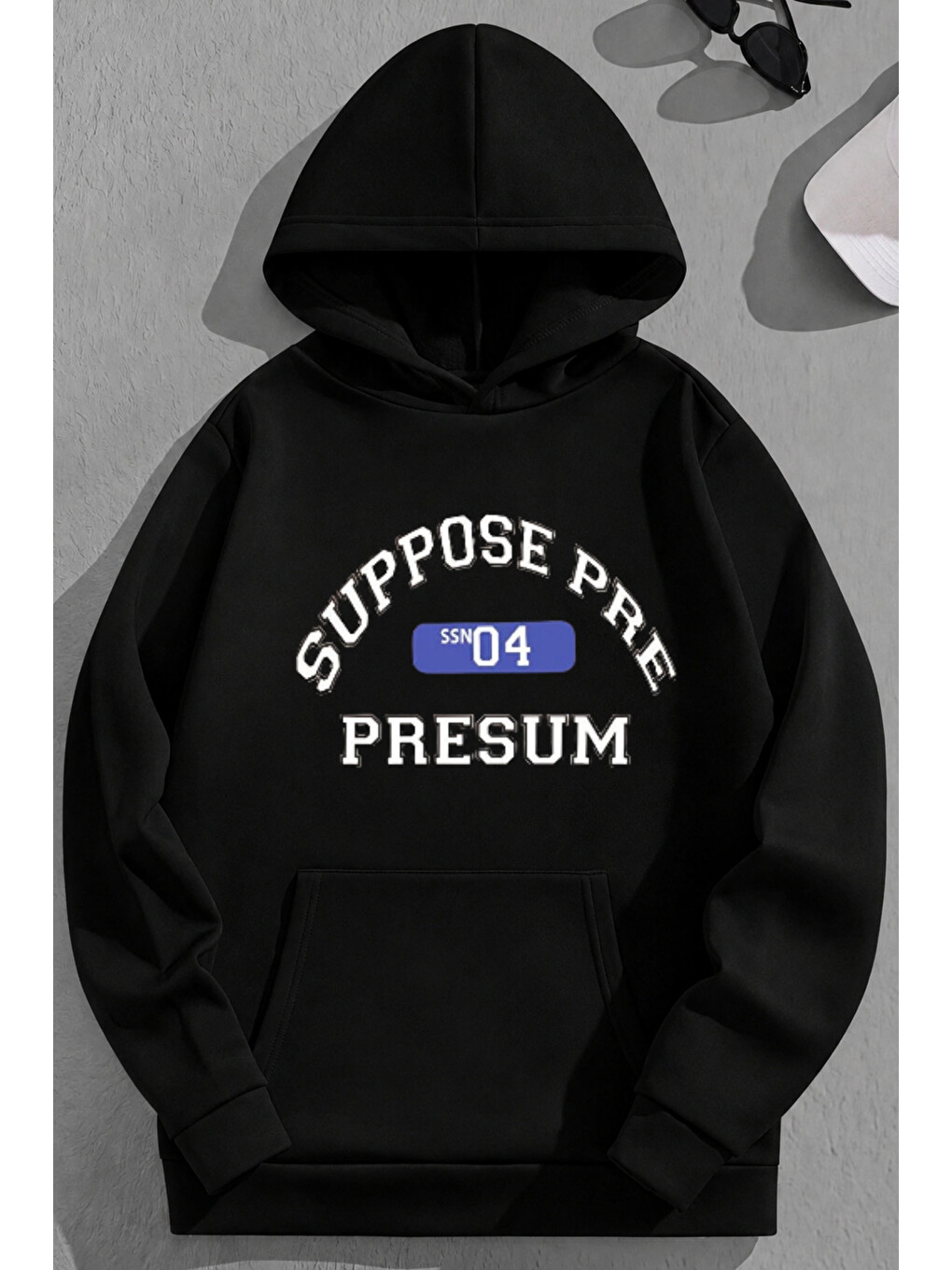 Unisex 3 İplik Pamuklu Siyah Suppose Baskı Bol Kalıp Sweatshirt Hoodie