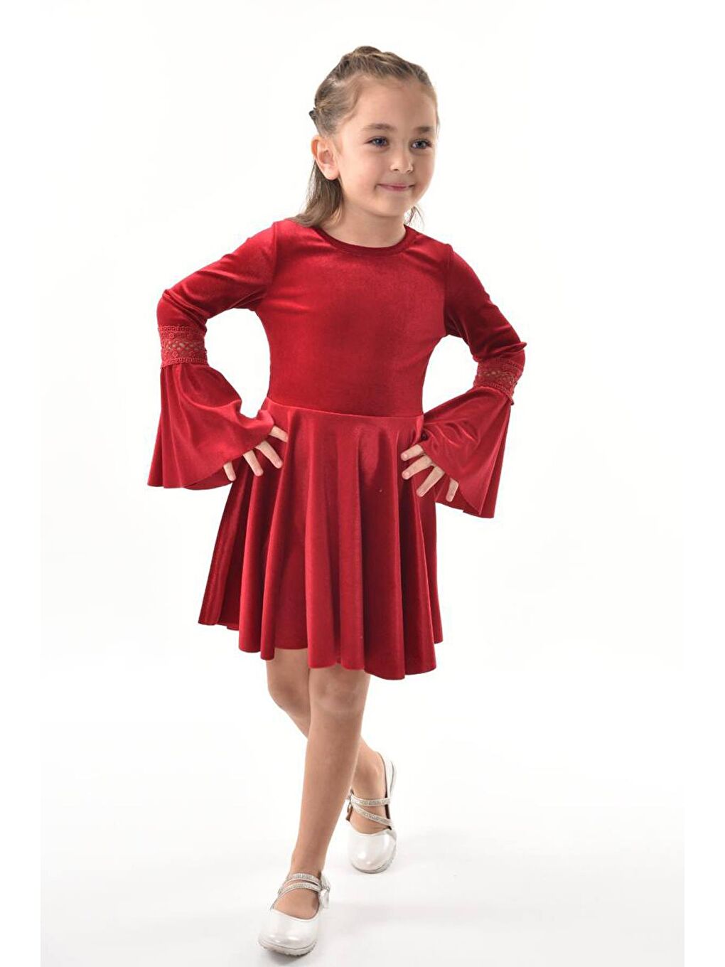Kız Çocuk Kolları Güpür Detaylı İspanyol Paçalı Bordo Kadife Elbise 3-12Yaş