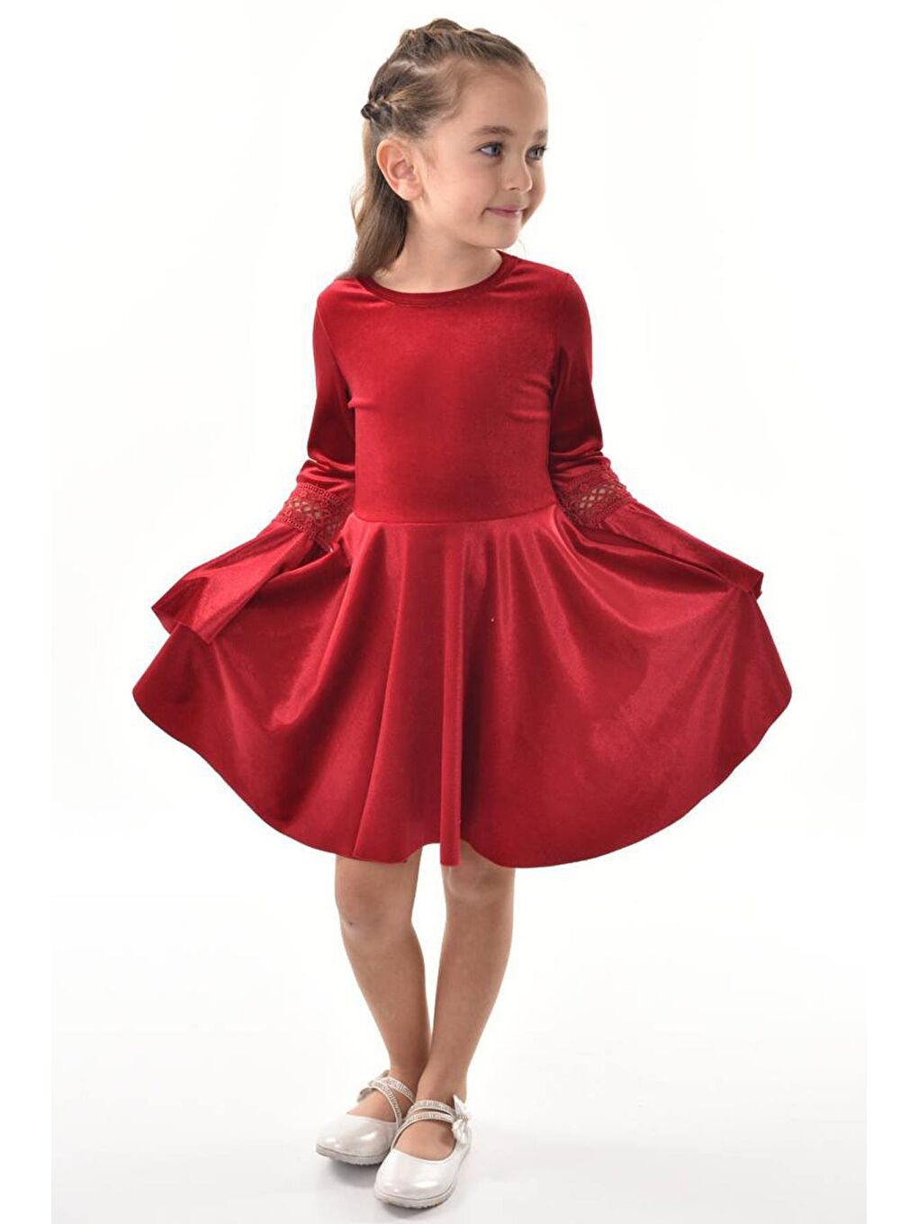 Kız Çocuk Kolları Güpür Detaylı İspanyol Paçalı Bordo Kadife Elbise 3-12Yaş-1