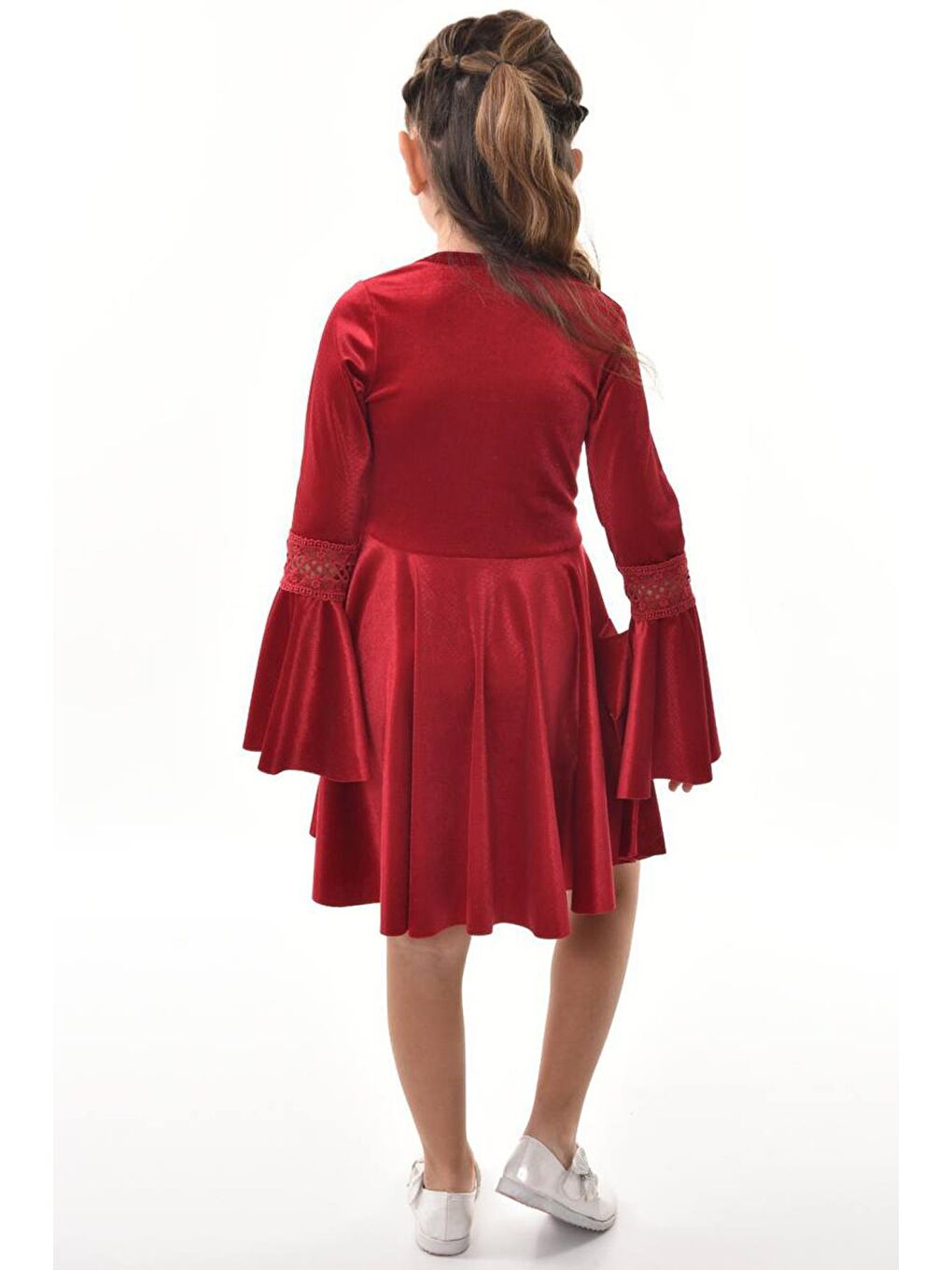 Kız Çocuk Kolları Güpür Detaylı İspanyol Paçalı Bordo Kadife Elbise 3-12Yaş-2