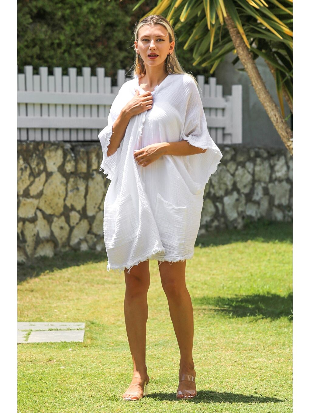 Beyaz Düşük Kol Kapamasız Çift Cepli Yıkamalı Dokuma Casual Müslin Kimono Ceket-3