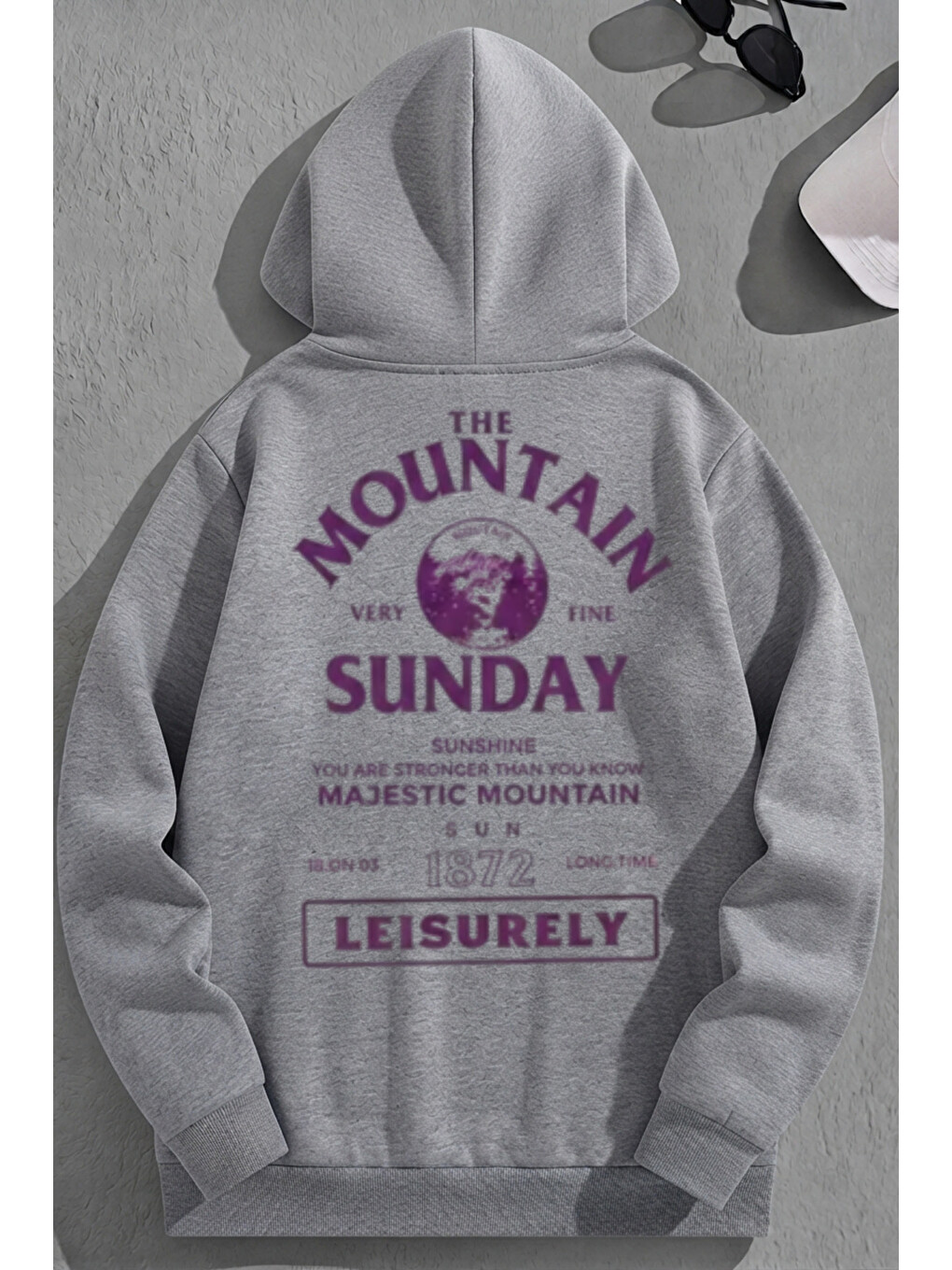 Unisex 3 İplik Pamuklu Gri Mountainsunday Baskı Bol Kalıp Sweatshirt Hoodie