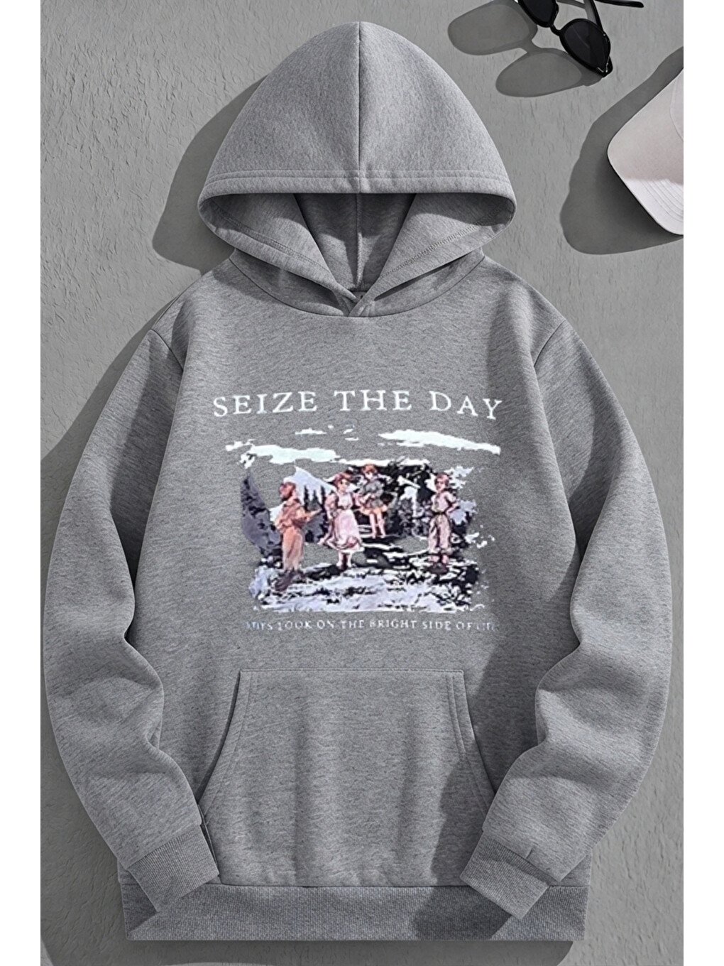 Unisex 3 İplik Pamuklu Gri Seizetheday Baskı Bol Kalıp Sweatshirt Hoodie