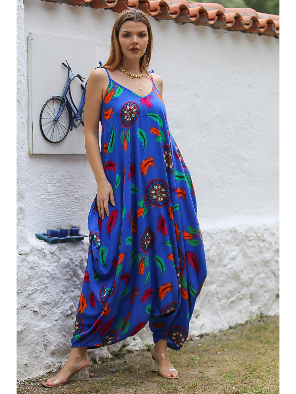 Chiccy Mavi V Yaka Askılı Cepli Allover Baskılı Dokuma Oversize Şalvar Paça Casual Tulum - 6