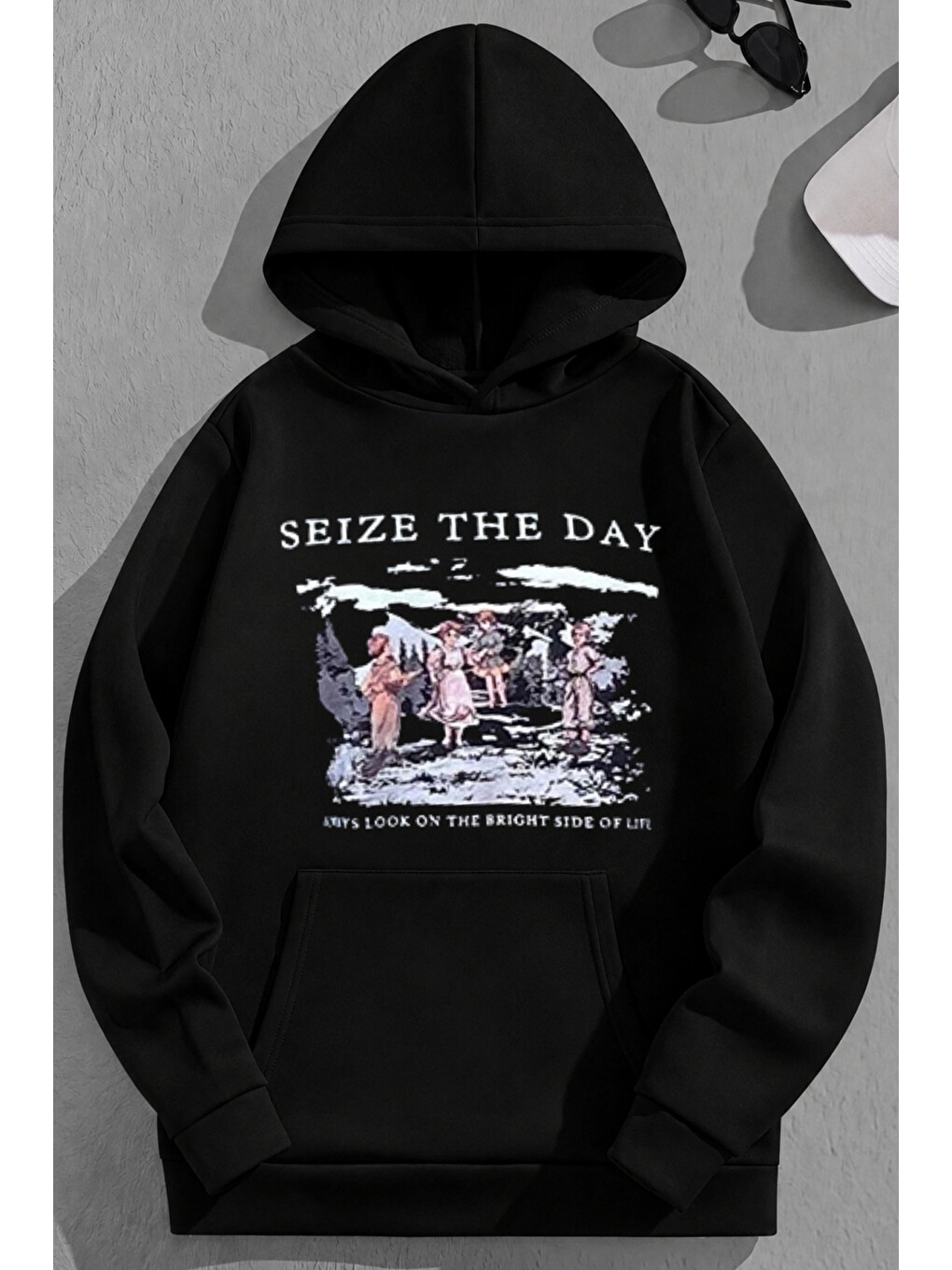 Unisex 3 İplik Pamuklu Siyah Seizetheday Baskı Bol Kalıp Sweatshirt Hoodie