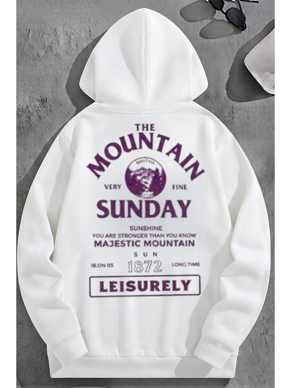 Unisex 3 İplik Pamuklu Beyaz Mountainsunday Baskı Bol Kalıp Sweatshirt Hoodie