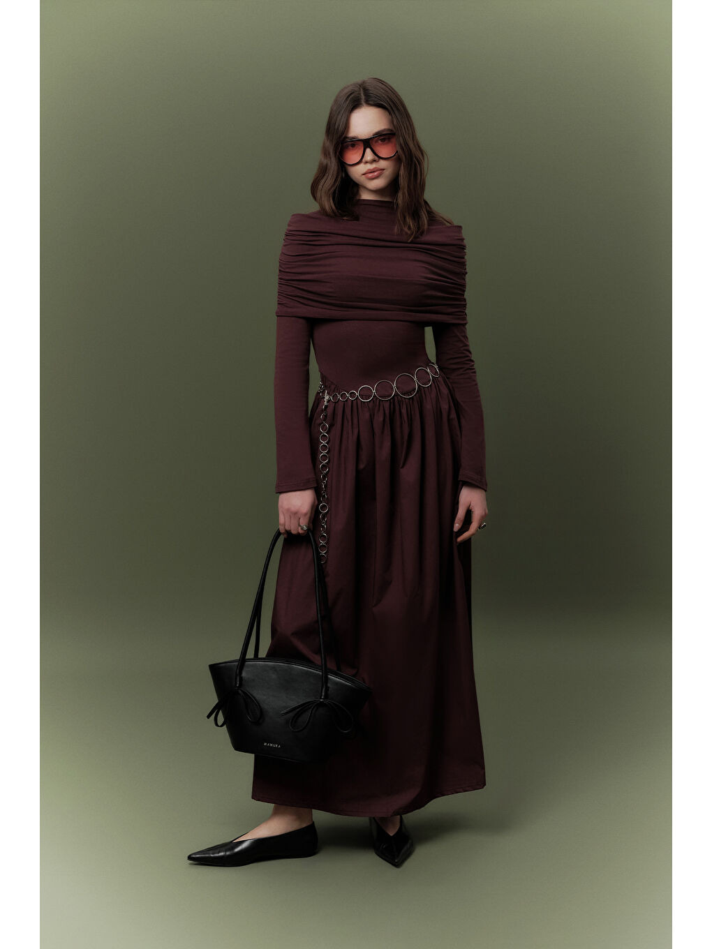 Geniş Etekli Uzun Elbise Bordo-1