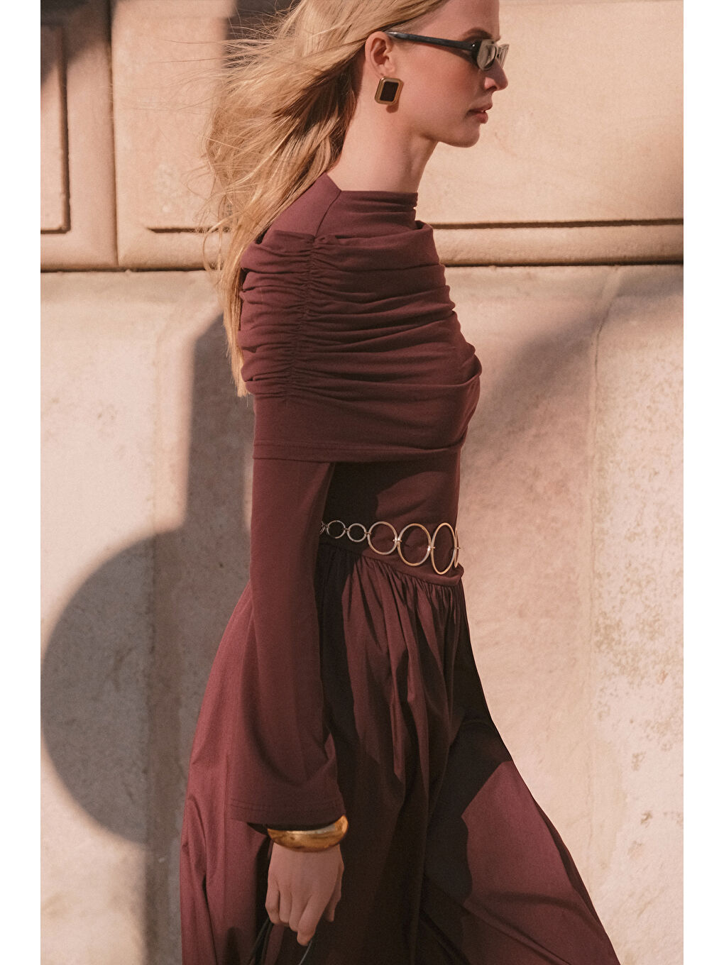 Geniş Etekli Uzun Elbise Bordo-3