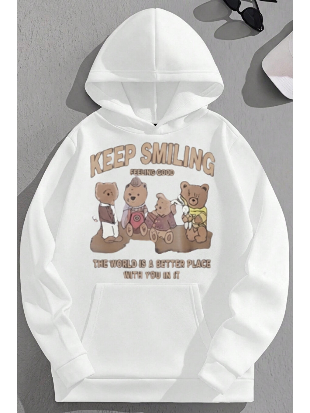 Unisex 3 İplik Pamuklu Beyaz Keepsmiling Baskı Bol Kalıp Sweatshirt Hoodie