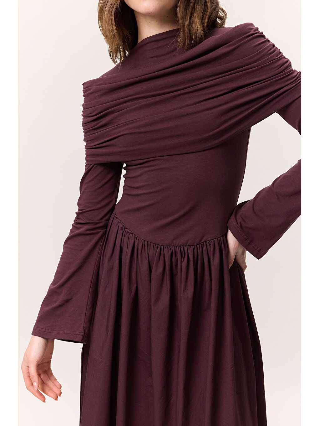 Geniş Etekli Uzun Elbise Bordo-4