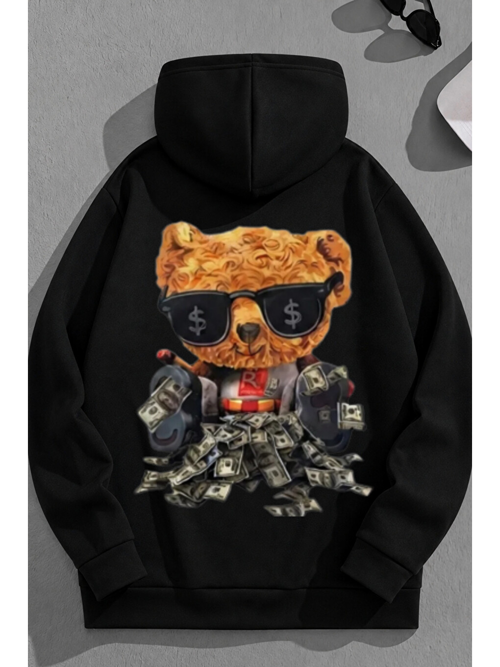 Unisex 3 İplik Pamuklu Siyah Richbear Baskı Bol Kalıp Sweatshirt Hoodie