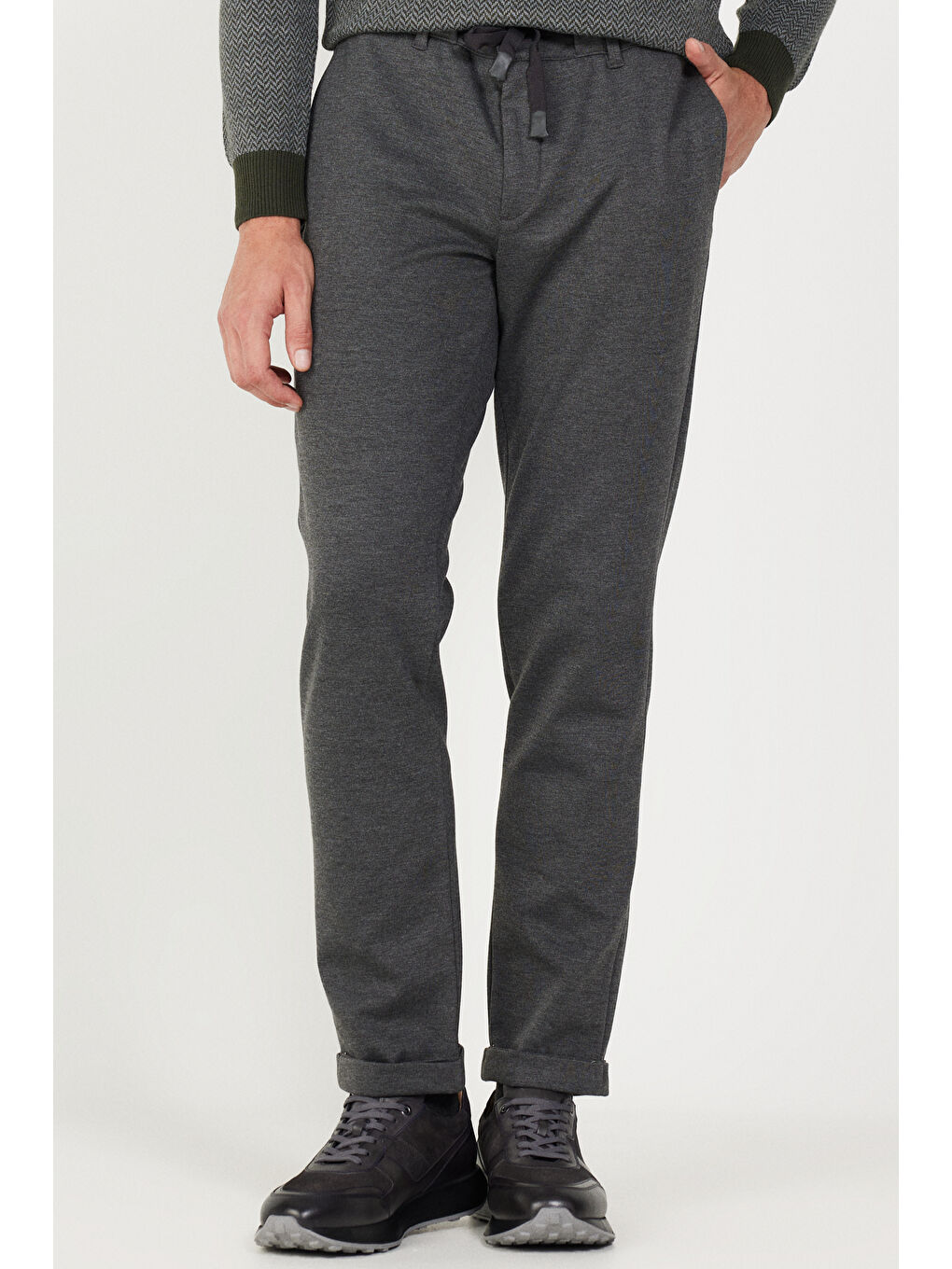 Erkek Gri Slim Fit Dar Kesim Yan Cepli Beli Lastikli Bağlamalı Pantolon