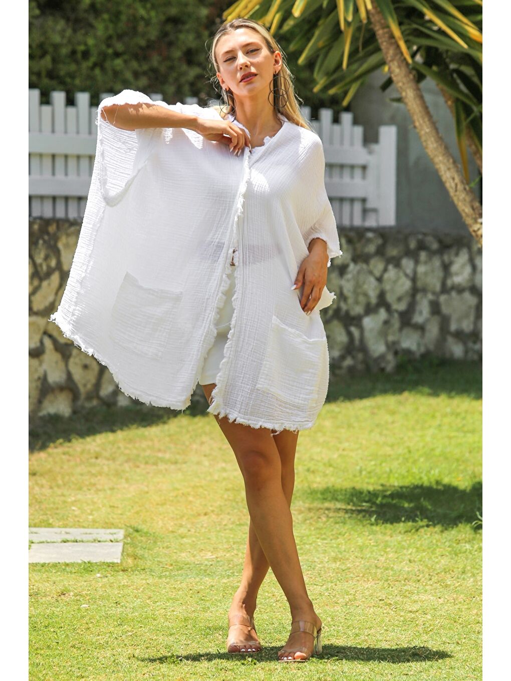 Beyaz Düşük Kol Kapamasız Çift Cepli Yıkamalı Dokuma Casual Müslin Kimono Ceket-4