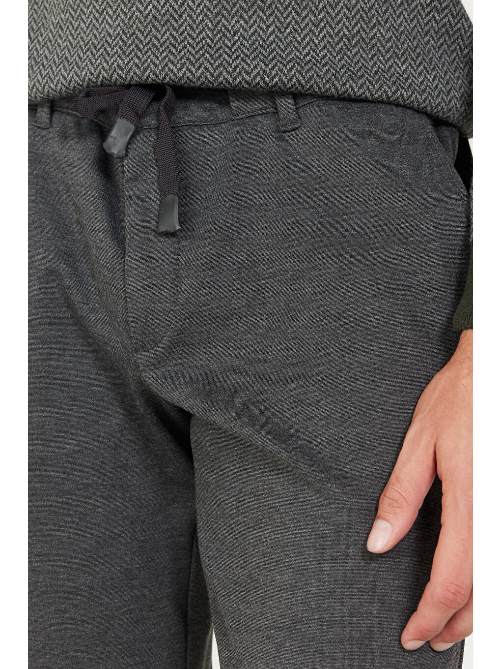 Erkek Gri Slim Fit Dar Kesim Yan Cepli Beli Lastikli Bağlamalı Pantolon-2