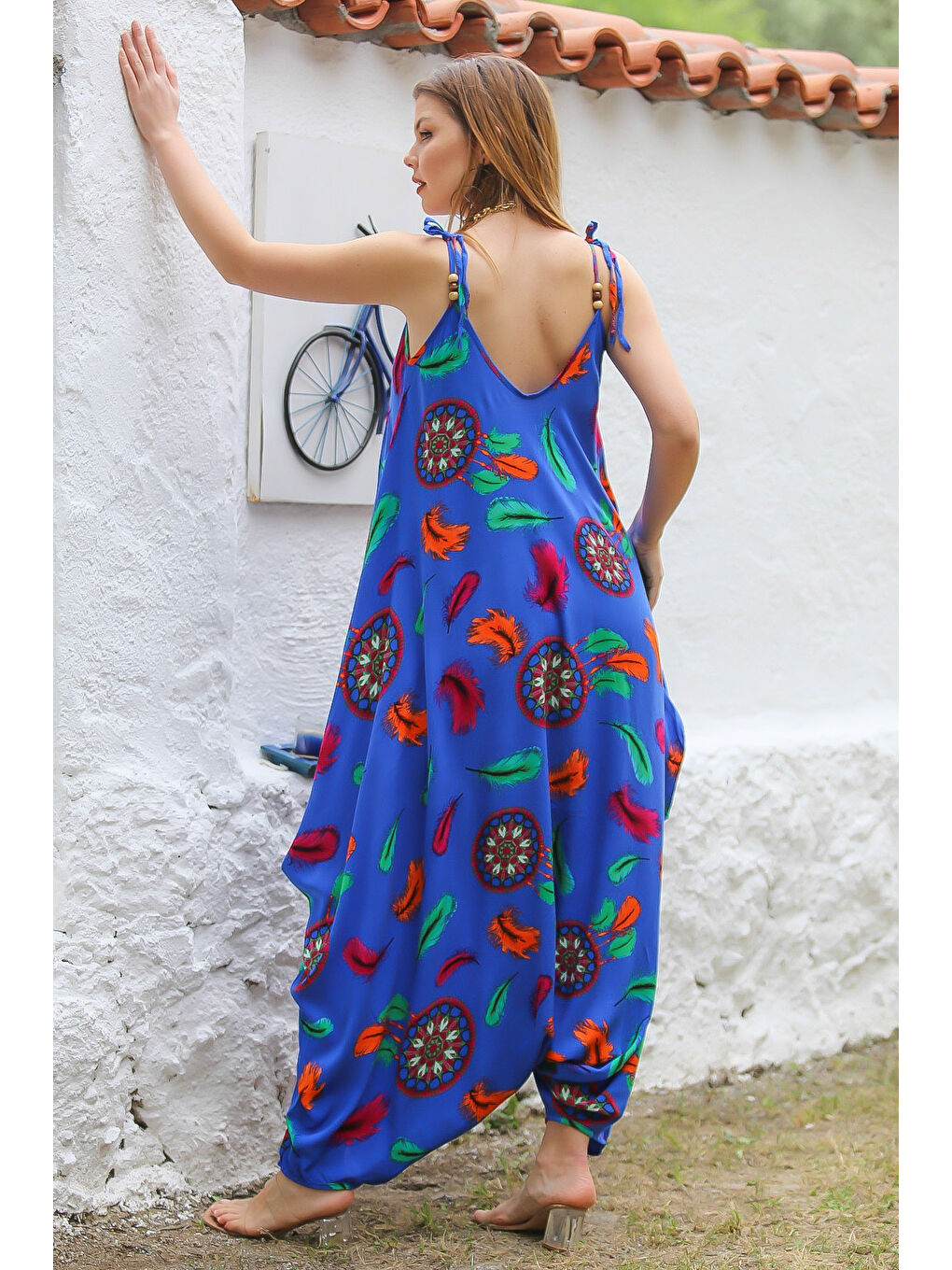 Chiccy Mavi V Yaka Askılı Cepli Allover Baskılı Dokuma Oversize Şalvar Paça Casual Tulum - 7