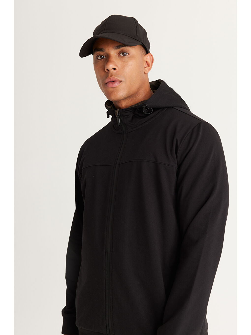 Siyah Slim Fit Dar Kesim Kapüşonlu Pamuklu Erkek Fermuarlı Sweatshirt Hırka-3
