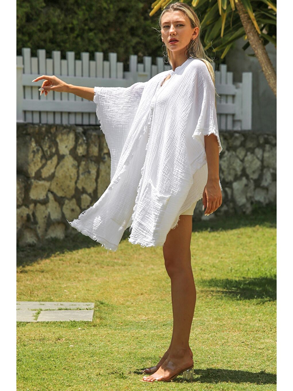 Beyaz Düşük Kol Kapamasız Çift Cepli Yıkamalı Dokuma Casual Müslin Kimono Ceket-5