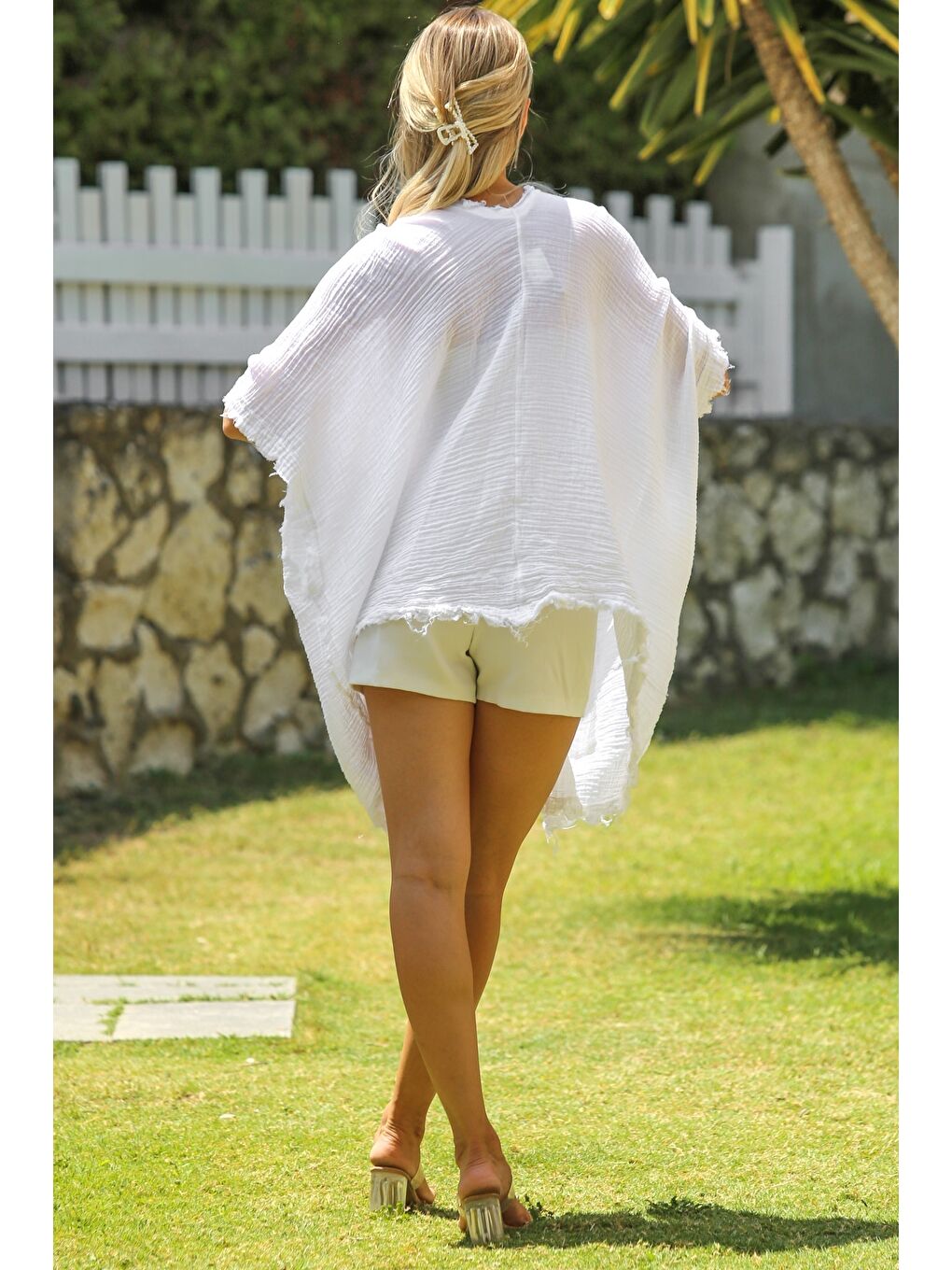 Beyaz Düşük Kol Kapamasız Çift Cepli Yıkamalı Dokuma Casual Müslin Kimono Ceket-6