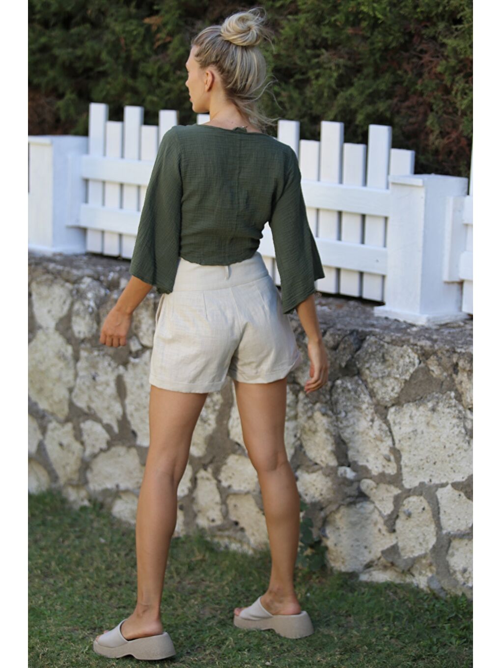 Organik Pamuk Haki 3/4 Kol Bağlamalı Yıkamalı Dokuma Casual Müslin Kimono Ceket-7