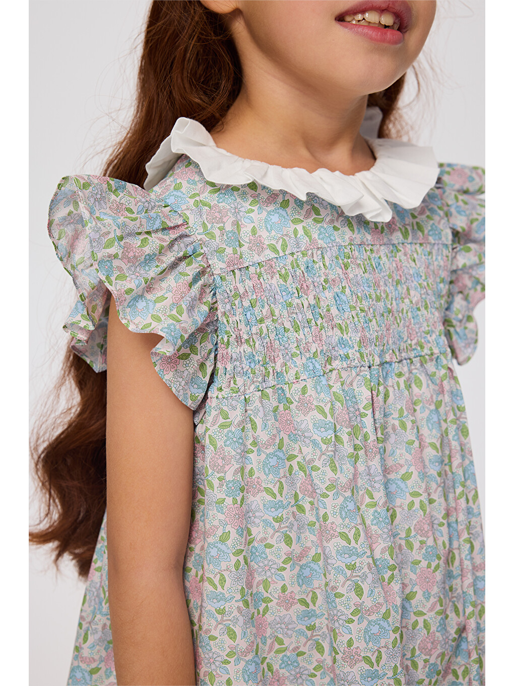 Pembe Liberty Kumaş Çiçek Desenli Kız Çocuk Elbise-5