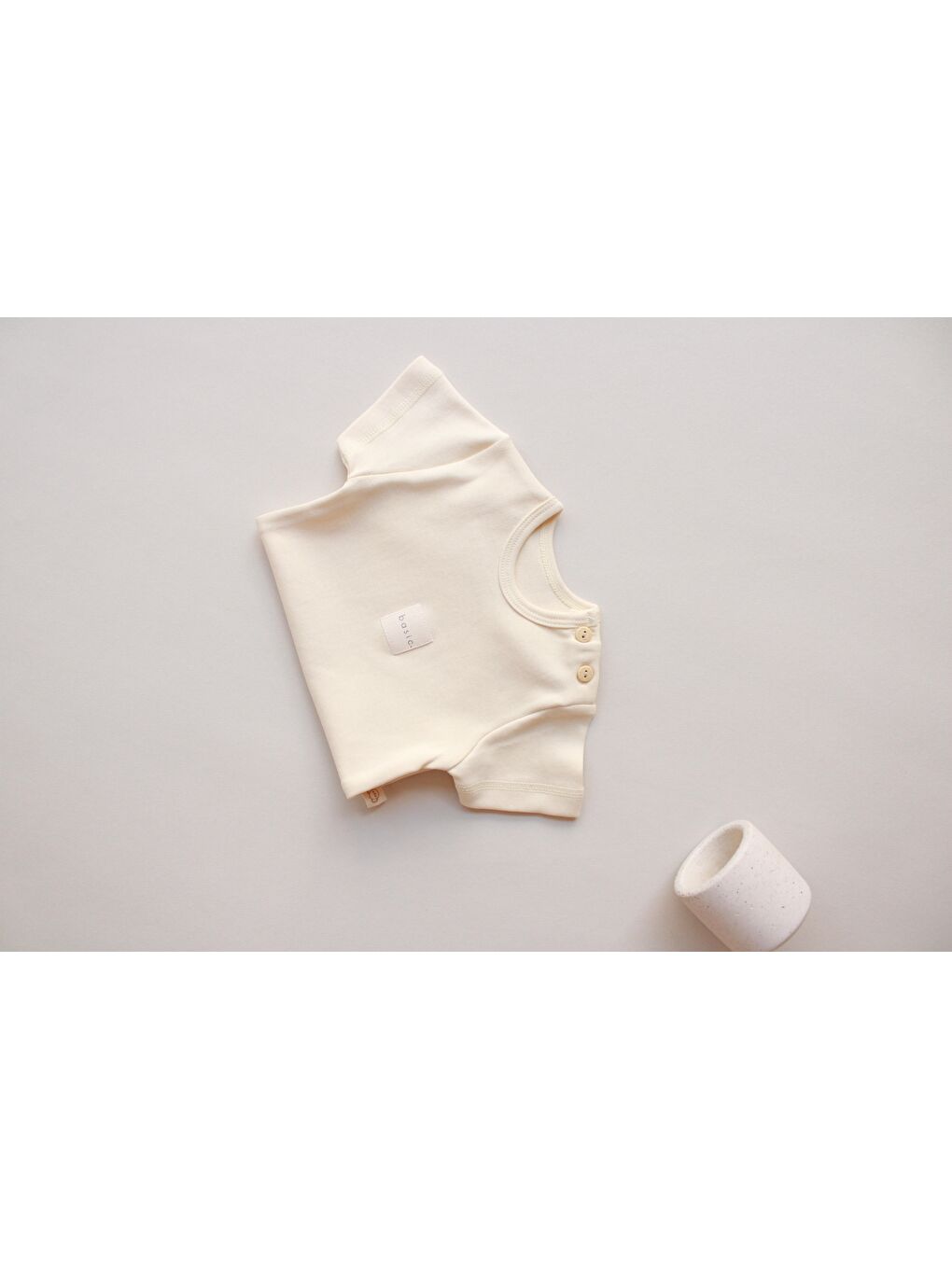 Ekru Krem Basic Etiketli Kısa Kollu Body Zıbın-4