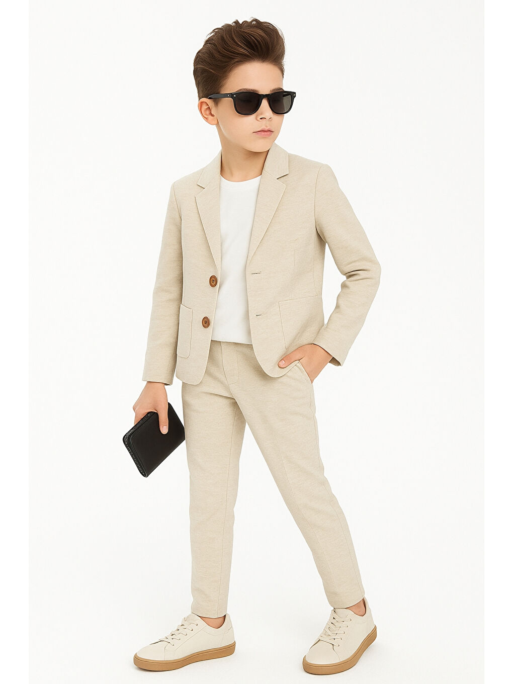 Ekru Erkek Çocuk Casual Slim Fit Keten Takım Elbise 3’lü Set Ak2853