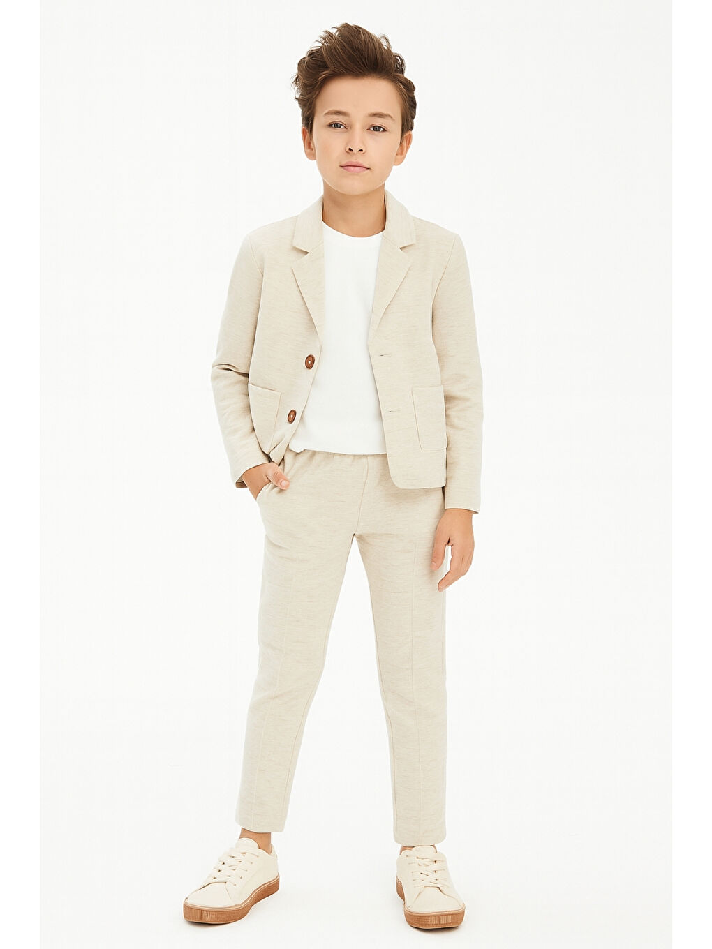 Ekru Erkek Çocuk Casual Slim Fit Keten Takım Elbise 3’lü Set Ak2853-1