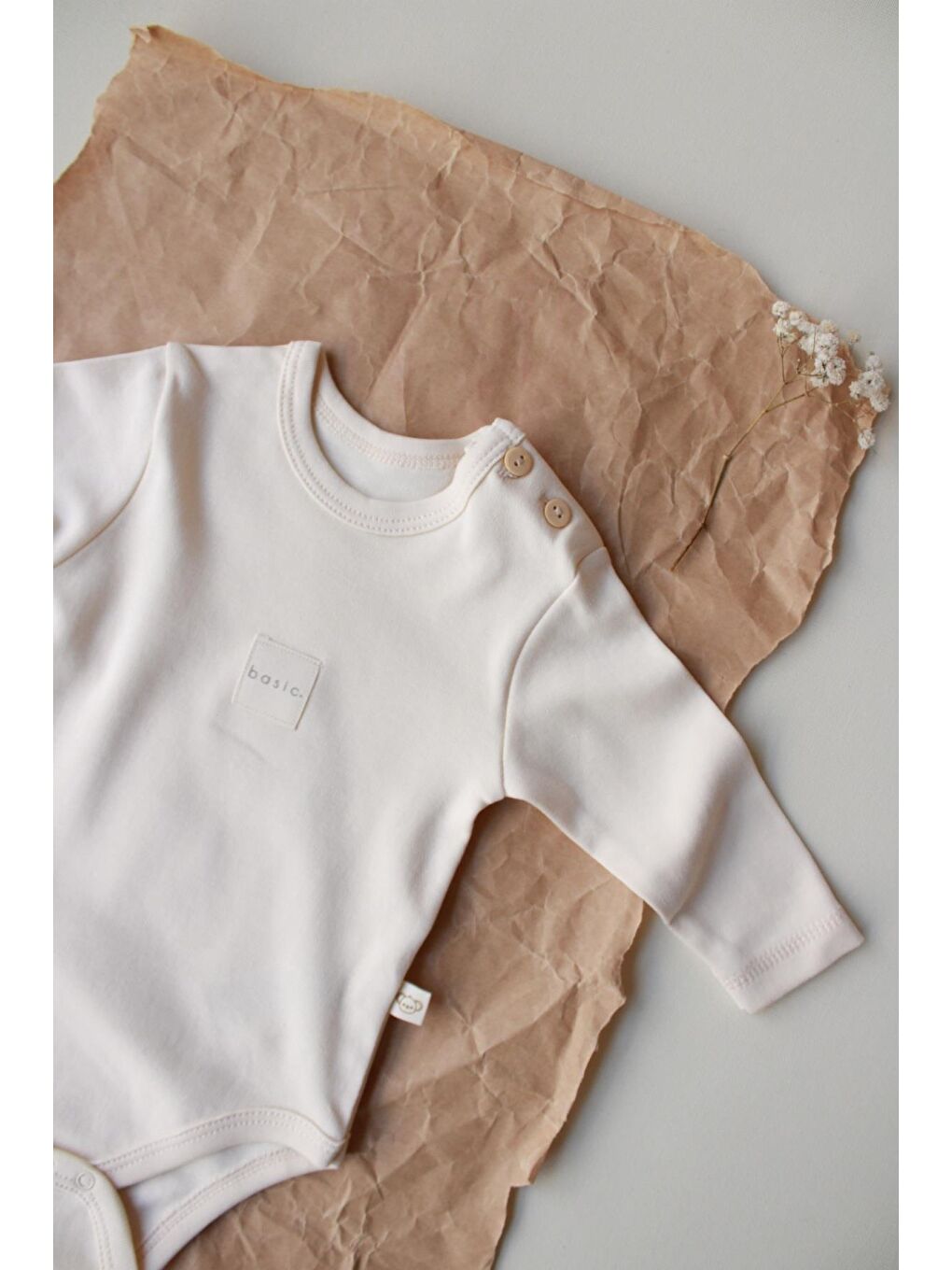 Ekru Krem Basic Etiketli Uzun Kollu Body Zıbın-1