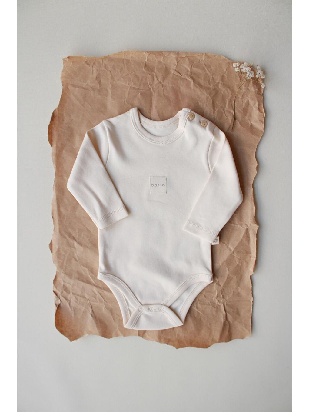 Ekru Krem Basic Etiketli Uzun Kollu Body Zıbın-2