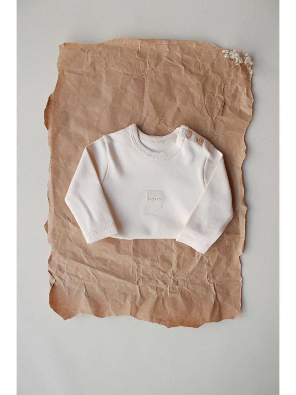 Ekru Krem Basic Etiketli Uzun Kollu Body Zıbın-4