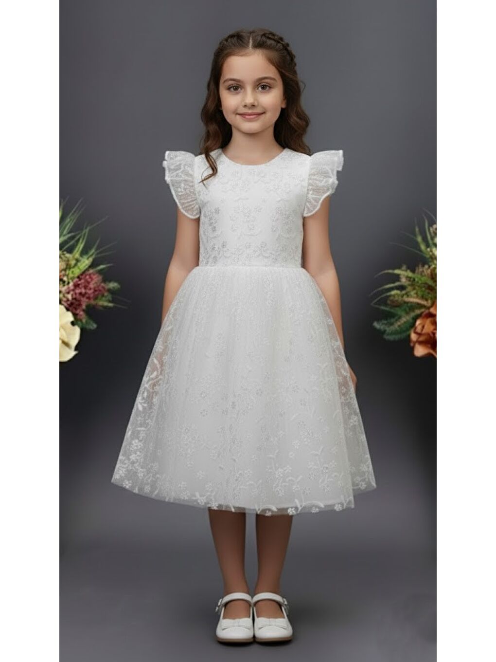 Beyaz Narince Kız Çocuk Abiye Elbise M00778