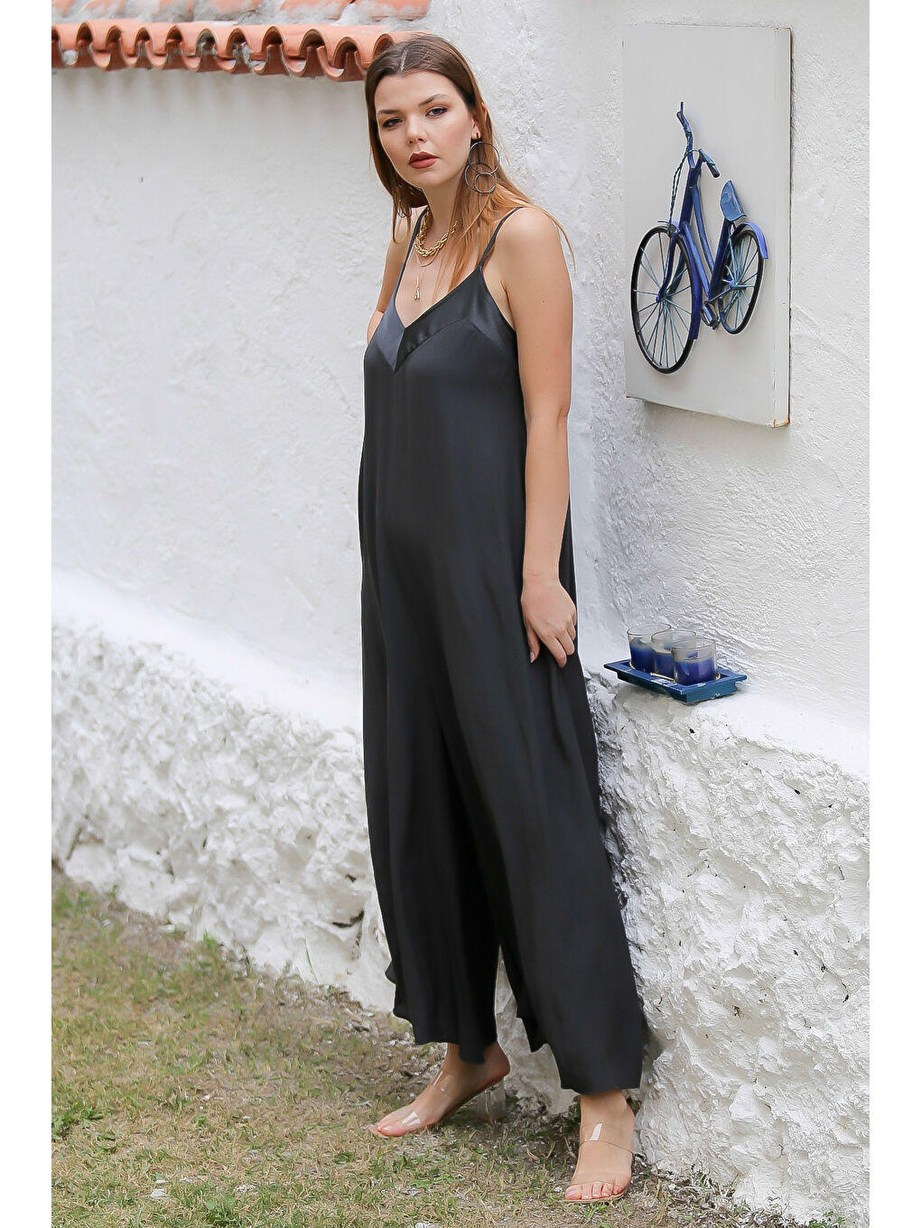 İtalyan Antrasit V Yaka Askılı Dokuma Bol Paça Casual Viskon Tulum-2