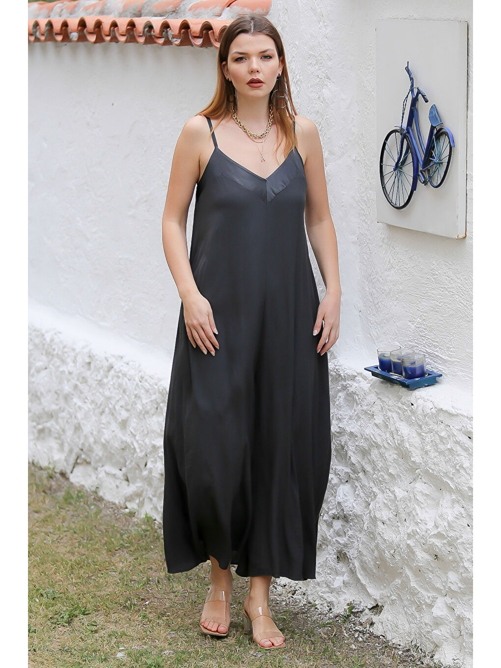 İtalyan Antrasit V Yaka Askılı Dokuma Bol Paça Casual Viskon Tulum-3