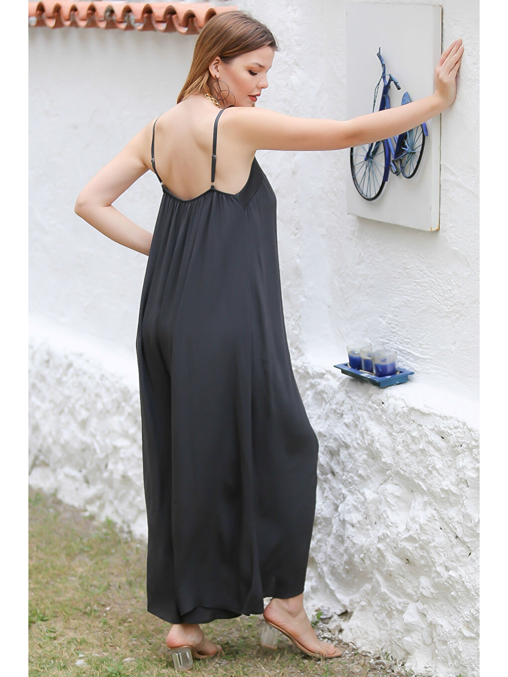 İtalyan Antrasit V Yaka Askılı Dokuma Bol Paça Casual Viskon Tulum-7