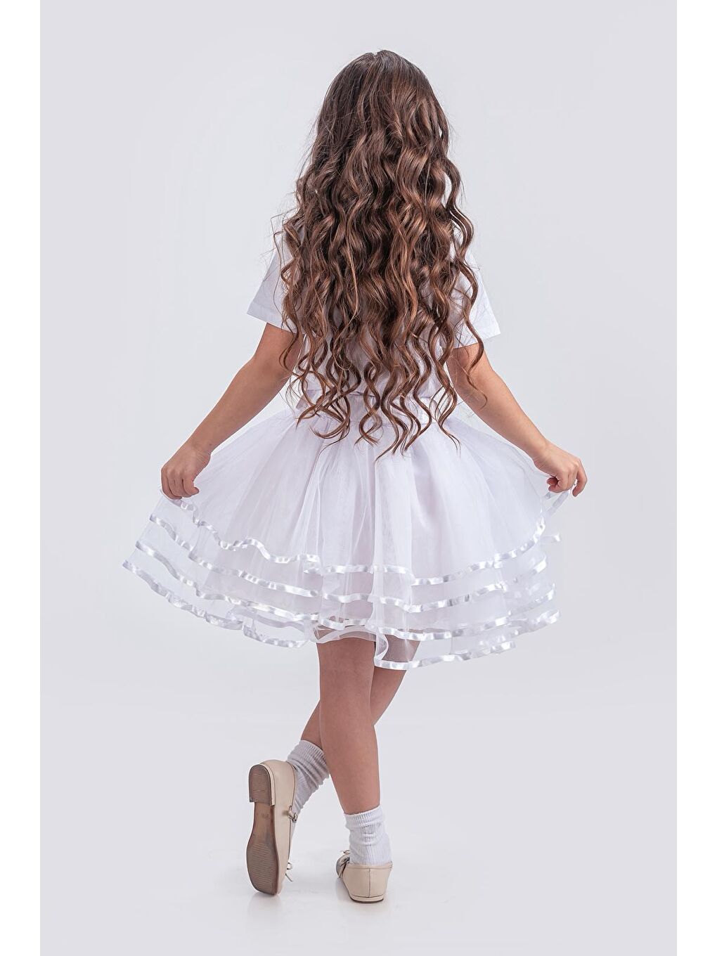Beyaz Kız Çocuk Kat Kat Parlak Şeritli Fiyonklu Tütü Etek M00781-1