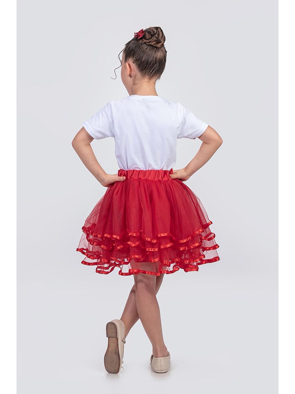 Kırmızı Kız Çocuk Kat Kat Parlak Şeritli Fiyonklu Tütü Etek M00781-1