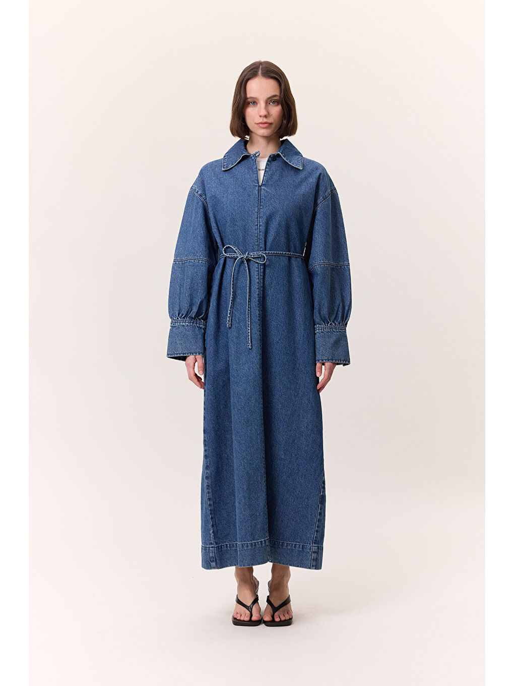 Manşet Detaylı Denim Elbise Koyu Mavi